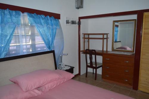 a bedroom with a bed and a dresser and a mirror at Seaview Apartments in Cudjoe Head