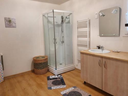 ein Bad mit einer Dusche und einem Waschbecken in der Unterkunft Les contemplations in Barjac