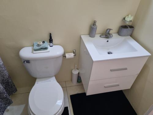 a bathroom with a white toilet and a sink at Charming 2-Bed House in Portmore gated community in Portmore