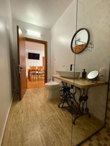 a bathroom with a sink and a toilet and a mirror at Mura House in Vişeu de Sus