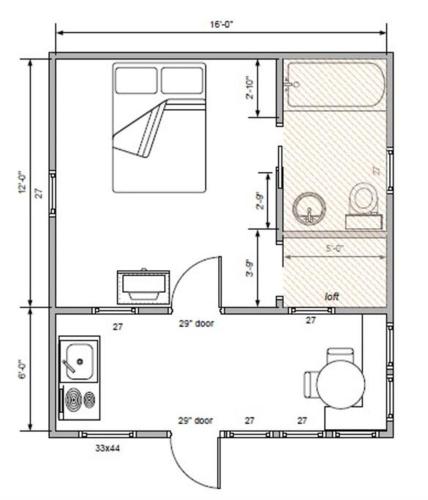 a plan of a small house with a floor plan at Cottage 7 - Stand Alone 1 Bedroom / 1 Bath in Wolfeboro