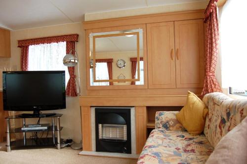 a living room with a tv and a fireplace at Caravan B26 at The Woodlands in Tywyn