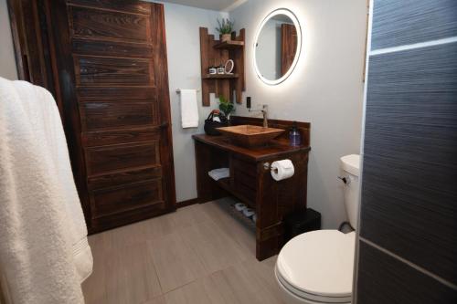 a bathroom with a sink and a toilet and a mirror at The Frenchman Suites in Silverton