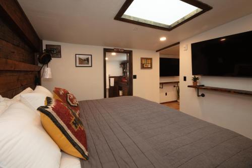 a bedroom with a large bed and a television at The Frenchman Suites in Silverton
