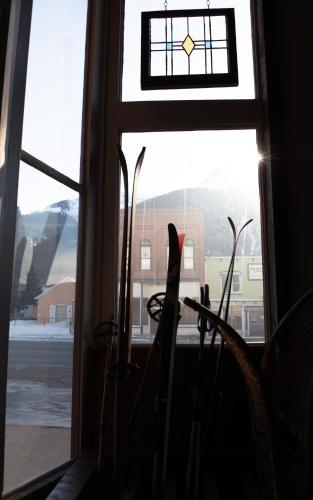 a window in a room with a view of a building at The Frenchman Suites in Silverton