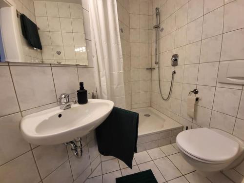 a bathroom with a sink and a toilet and a shower at Studio-Priv.Parkplatz-Balkon-Wlan-Netflix-SmartTV in Deizisau