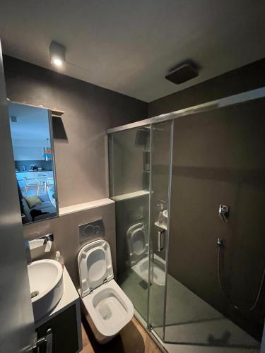 ein Bad mit einer Dusche, einem WC und einem Waschbecken in der Unterkunft Cozy sunny apartment in the heart of Barcelona in Barcelona