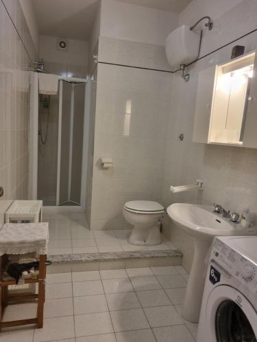 a bathroom with a toilet and a sink and a washing machine at Bed And Breakfast Catherina in Ponsacco