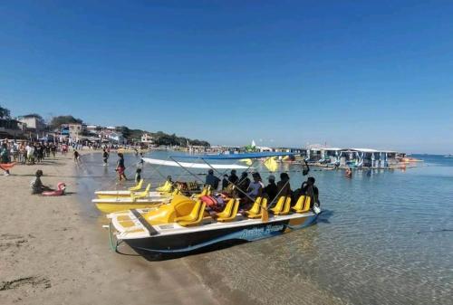 un grupo de barcos estacionados en una playa en Omma's Beach house en Lian