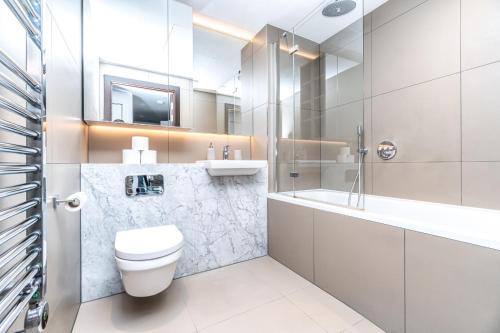 Stunning 2 Bedroom Apartment in Tower Hill في لندن: حمام مع مرحاض ومغسلة