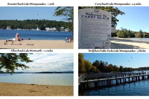 a collage of three pictures of a beach and a pier at Main House - 3 Story 5 Bed/ 3 Bath - Wolfeboro in Wolfeboro