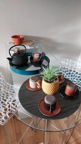une table en verre avec des plaques et une plante en pot dans l'établissement Studio cosy proche de Rennes, à Montreuil-le-Gast
