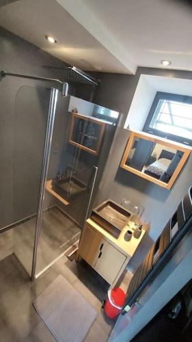 - une vue de tête sur la salle de bains pourvue d'une douche dans l'établissement Studio cosy proche de Rennes, à Montreuil-le-Gast