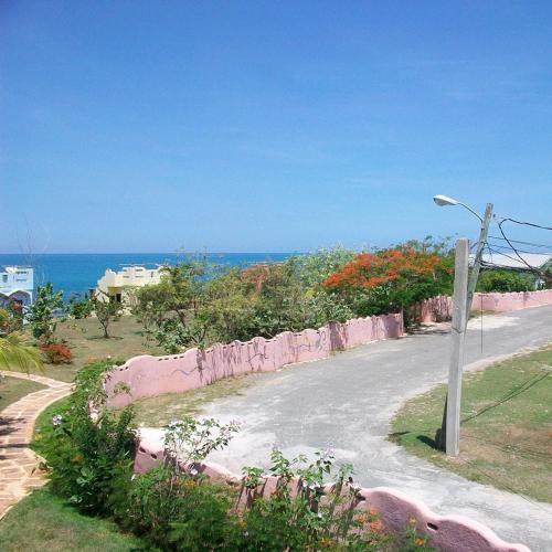 a road with a street light next to the ocean at Brytan Villa in Treasure Beach