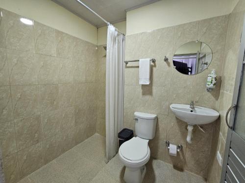 a bathroom with a toilet and a sink and a shower at Celestino - Casa de Huespedes in Guaduas