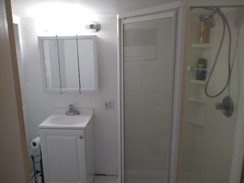 a white bathroom with a sink and a shower at Lenny's Cooperative Hostel in Clearwater