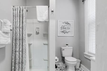 uma casa de banho branca com um WC e um chuveiro em G2 CENTRAL LOCATION museums FREE PARKING em Richmond