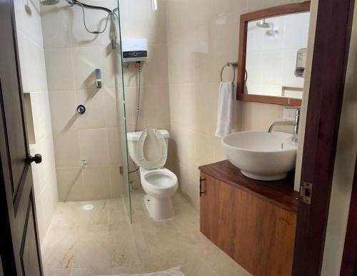 ein Bad mit einem WC, einem Waschbecken und einer Dusche in der Unterkunft Hotel Nojoch che in Cobá