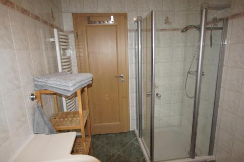 a bathroom with a shower and a glass shower stall at MEGAWATTHAUS in Gräfenhainichen