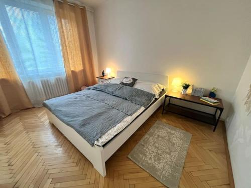um quarto com uma cama e duas mesas e uma janela em Bratislava Lovely Old Town Apartment em Nivy