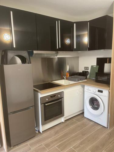 una cocina con armarios negros, lavadora y secadora en Appartement Seyana - Agréable avec jardin et grande Véranda - Proche mer, en Cagnes-sur-Mer