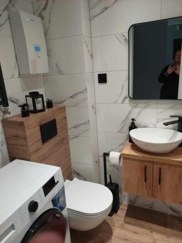 a bathroom with a toilet and a sink and a mirror at Apartament Iwona in Kamienna Góra