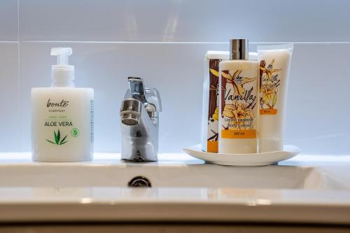 a bathroom with two bottles of hair products on a counter at Apartamento Alminar in Granada