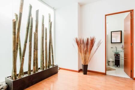 Habitación con espejo y jarrón con hierba en Upscale Polanco, 24 7 Security, Walk to Shopping!, en Ciudad de México