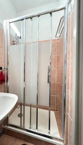 une douche avec une porte vitrée dans une salle de bain dans l'établissement Tranquil apt with patio, Pézenas historic centre, à Pézenas