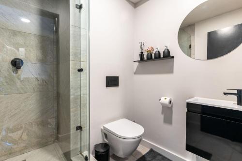 a bathroom with a shower and a toilet and a sink at The Tokyo 710 in Cape Town