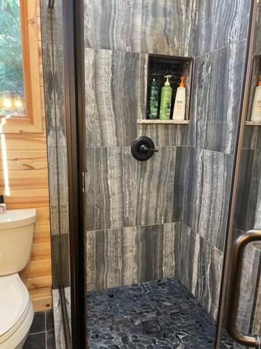 a shower with a glass door next to a toilet at Cozy Cabin Retreat in Ponderosa