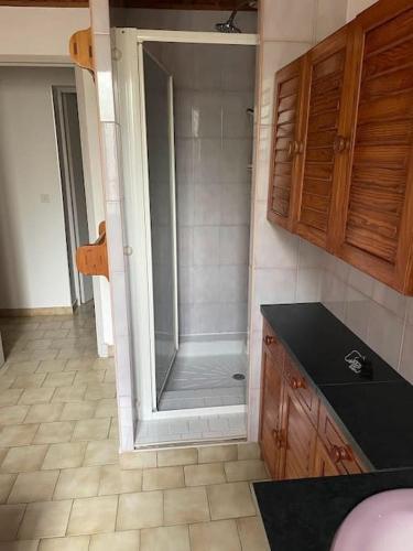 La salle de bains est pourvue d'une douche et d'un comptoir noir. dans l'établissement Maison proche de la campagne au calme 7-8 personnes, à Cambon