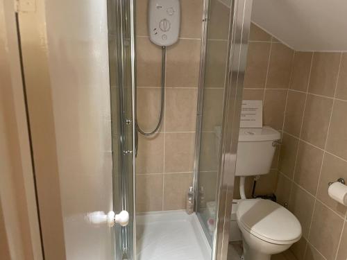 a bathroom with a shower with a toilet at The Plover in Blakeney