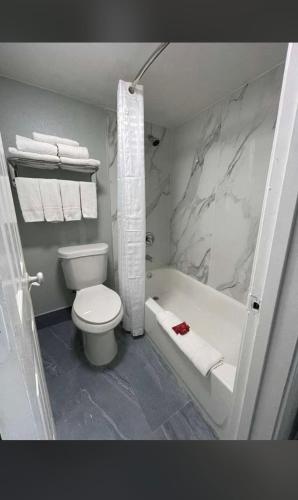 La salle de bains est pourvue de toilettes, d'une baignoire et d'un lavabo. dans l'établissement Rodeway Inn San Antonio Downtown, à San Antonio