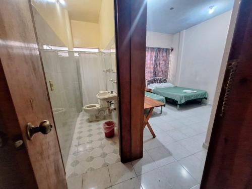 een badkamer met een douche en een toilet in een kamer bij HOTEL CARMELITAS 42 in Villahermosa