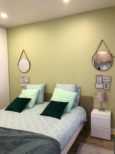 - une chambre avec un lit doté d'oreillers verts et d'un miroir dans l'établissement LÉchappée Belle Métro 9 WiFi-Clim-NETFLIX, à Montreuil