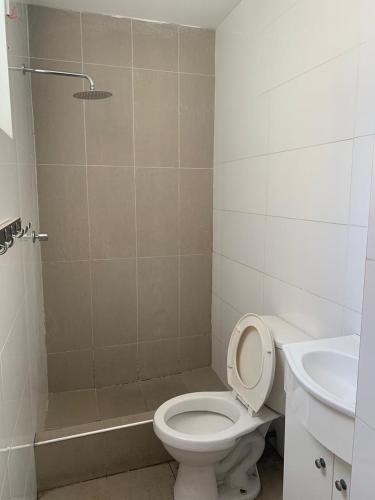 ein Bad mit einem WC, einer Dusche und einem Waschbecken in der Unterkunft Joaquín B&B in Lima