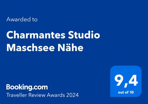 Palkinto, sertifikaatti, kyltti tai muu asiakirja, joka on esillä majoituspaikassa Charmantes Studio Maschsee und Messe Nähe