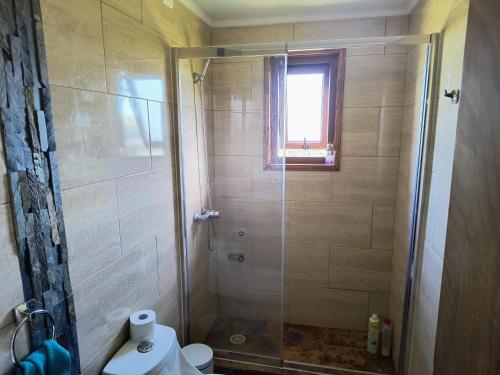 a bathroom with a shower with a toilet and a window at Casa Bella Vista Futrono in Futrono