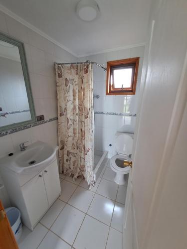 a bathroom with a sink and a toilet and a window at Cabañas ruta internacional 215 I, Osorno in Osorno