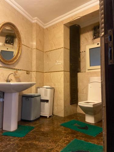 een badkamer met een wastafel, een toilet en een spiegel bij Apartment for rent Zamalek in Caïro
