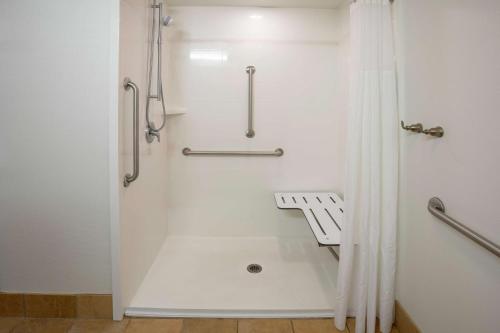a bathroom with a shower with a shower curtain at Hampton Inn Duluth-Canal Park in Duluth