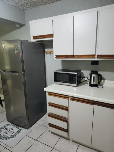 a kitchen with a refrigerator and a microwave at JAMI PLACE in Kingston