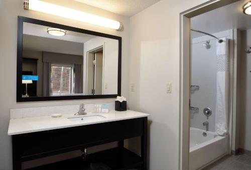 a bathroom with a sink and a large mirror at Hampton Inn Stafford / Quantico-Aquia in Stafford