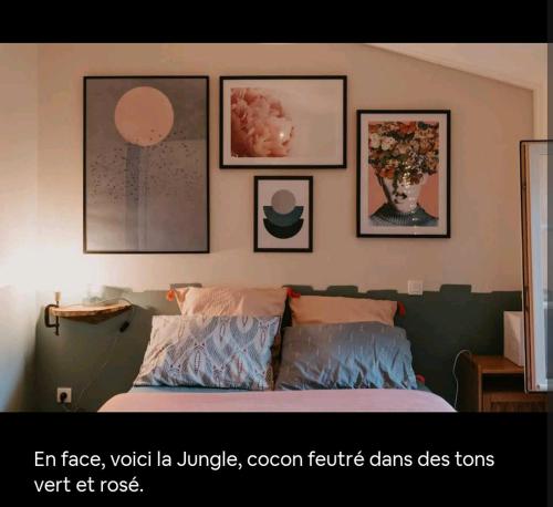 1 dormitorio con 1 cama con cuadros en la pared en Cocon cosy et déconnecté 30min Puy du Fou - 2 chambres et 1 canapé lit, en Bazoges-en-Pareds