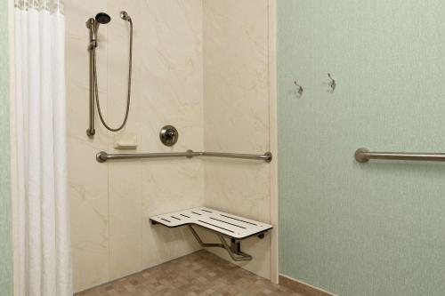 a bathroom with a shower with a bench in it at Hampton Inn Franklin in Franklin
