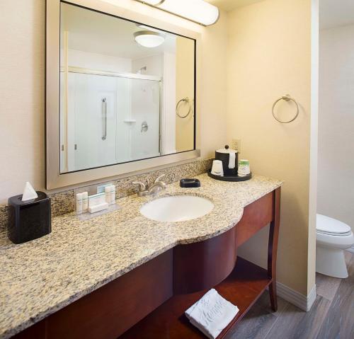 W łazience znajduje się umywalka, lustro i toaleta. w obiekcie Hampton Inn & Suites - Mansfield w mieście Mansfield