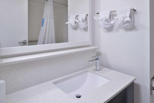 uma casa de banho com um lavatório branco e um espelho. em Hampton Inn - Greenville em Greenville