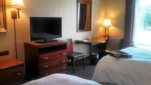 ein Hotelzimmer mit einem Bett, einem TV und einem Schreibtisch in der Unterkunft Hampton Inn Greenwood in Greenwood