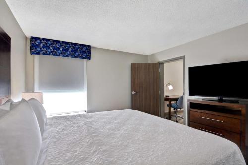a bedroom with a bed and a flat screen tv at Hampton Inn Greenwood in Greenwood